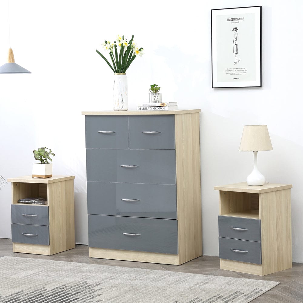 Ensemble de chambre à coucher 3 pièces Agata en gris et chêne Coffre et deux chevets