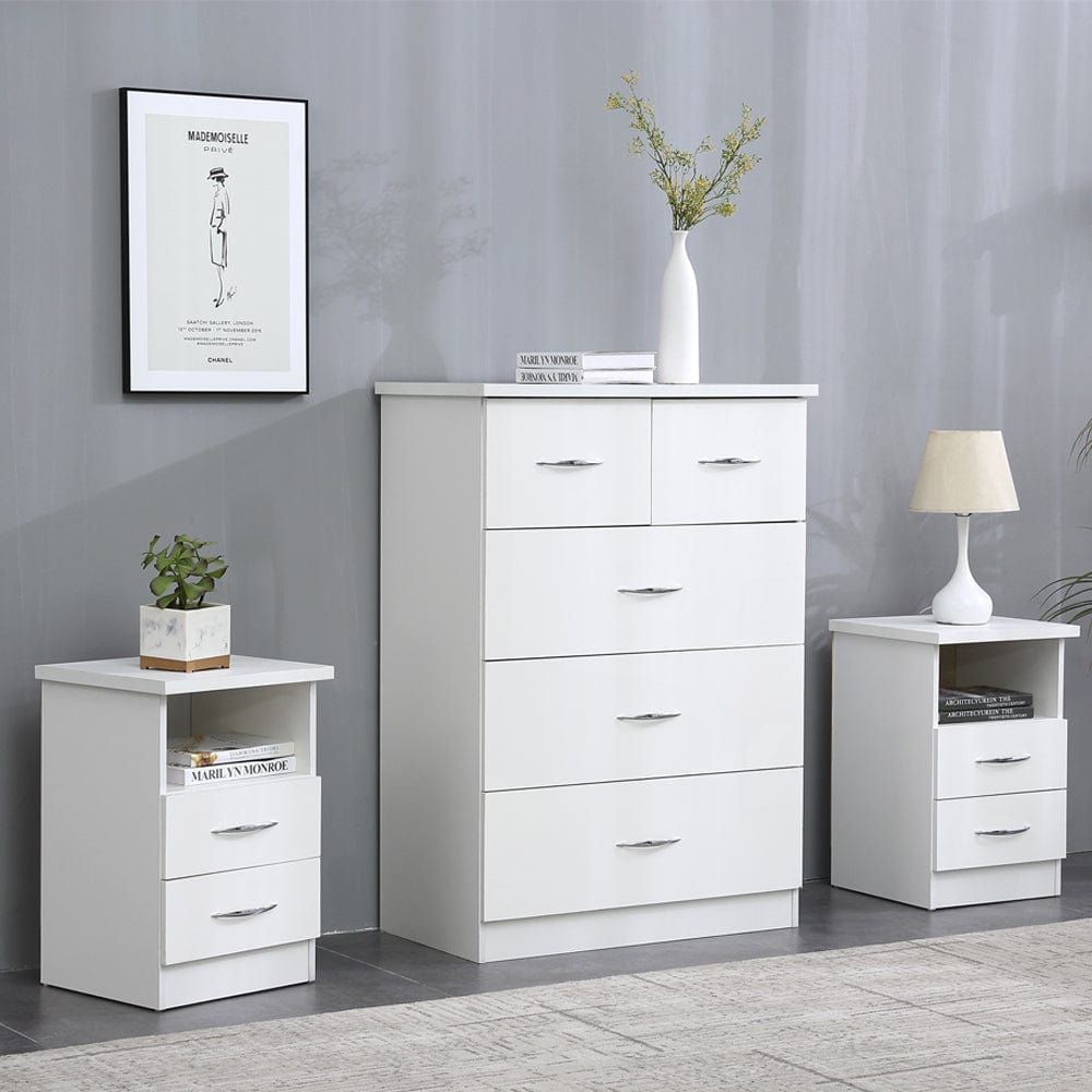 Agata 3 Pieces Bedroom Set In White Coffre et deux chevets