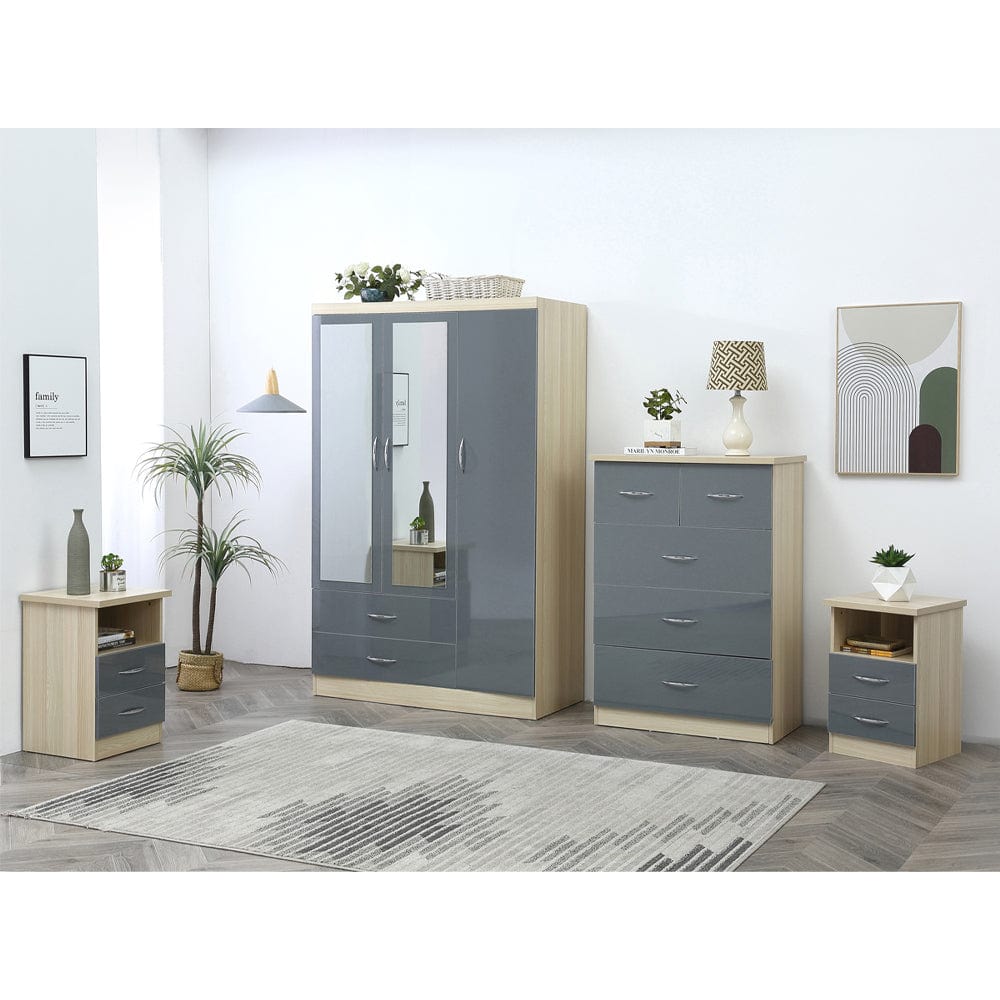 Agata 4 Pieces Bedroom Set In Grey and Oak Wardrobe Chest and Two Bedsides
