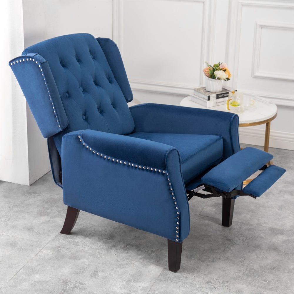 Fauteuil relax en velours Ascot clouté à dos d'âne en bleu