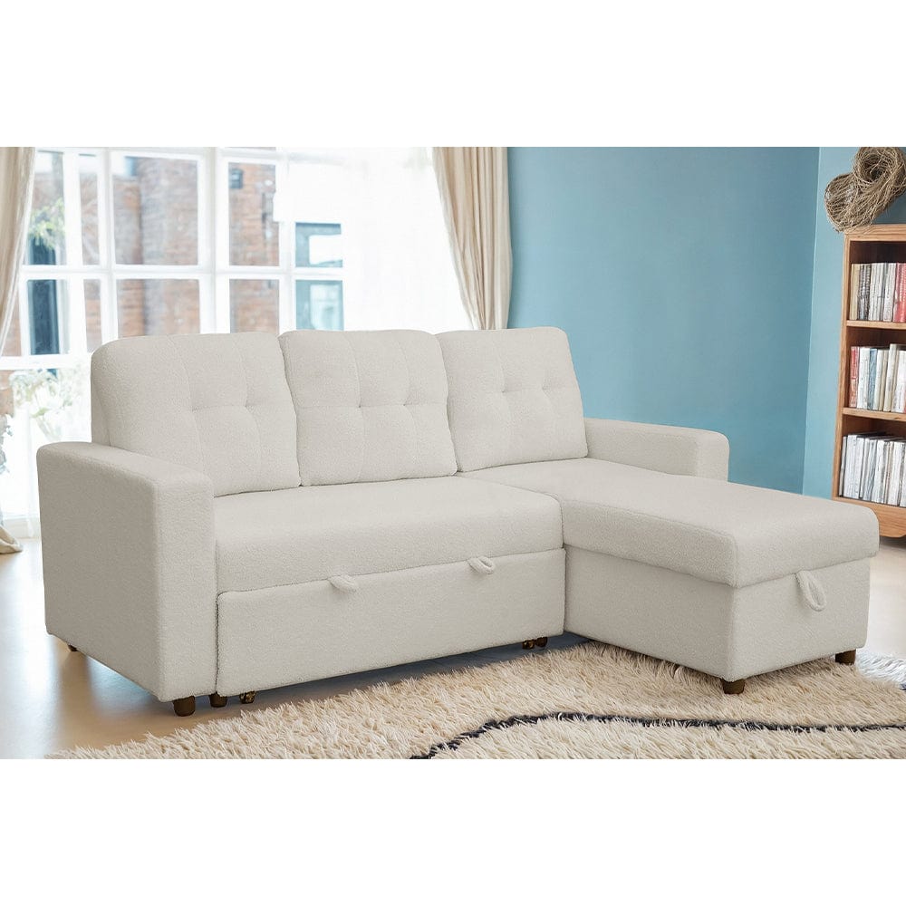 Canapé-lit d'angle réversible Avery Boucle avec chaise de rangement en blanc