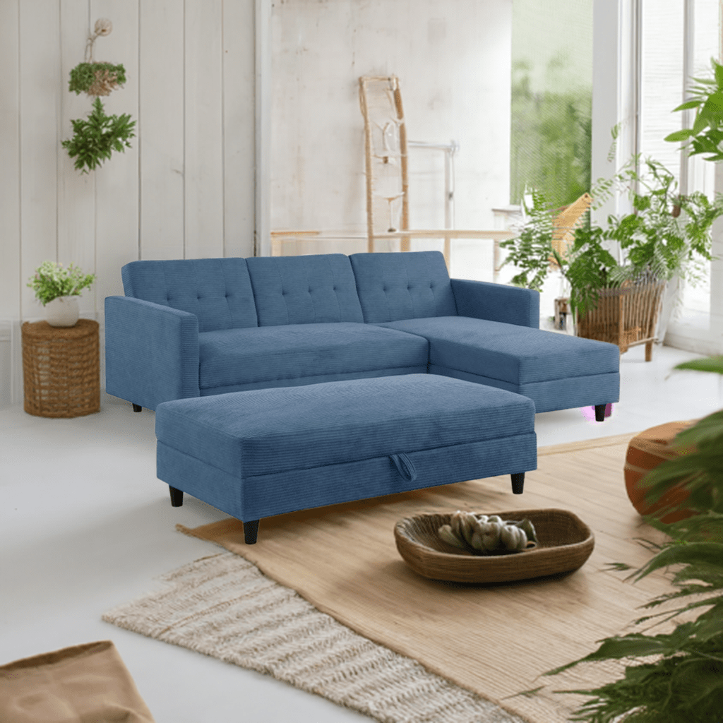 Avery Canapé d'angle réversible en velours côtelé bleu avec chaise de rangement et banquette ottomane