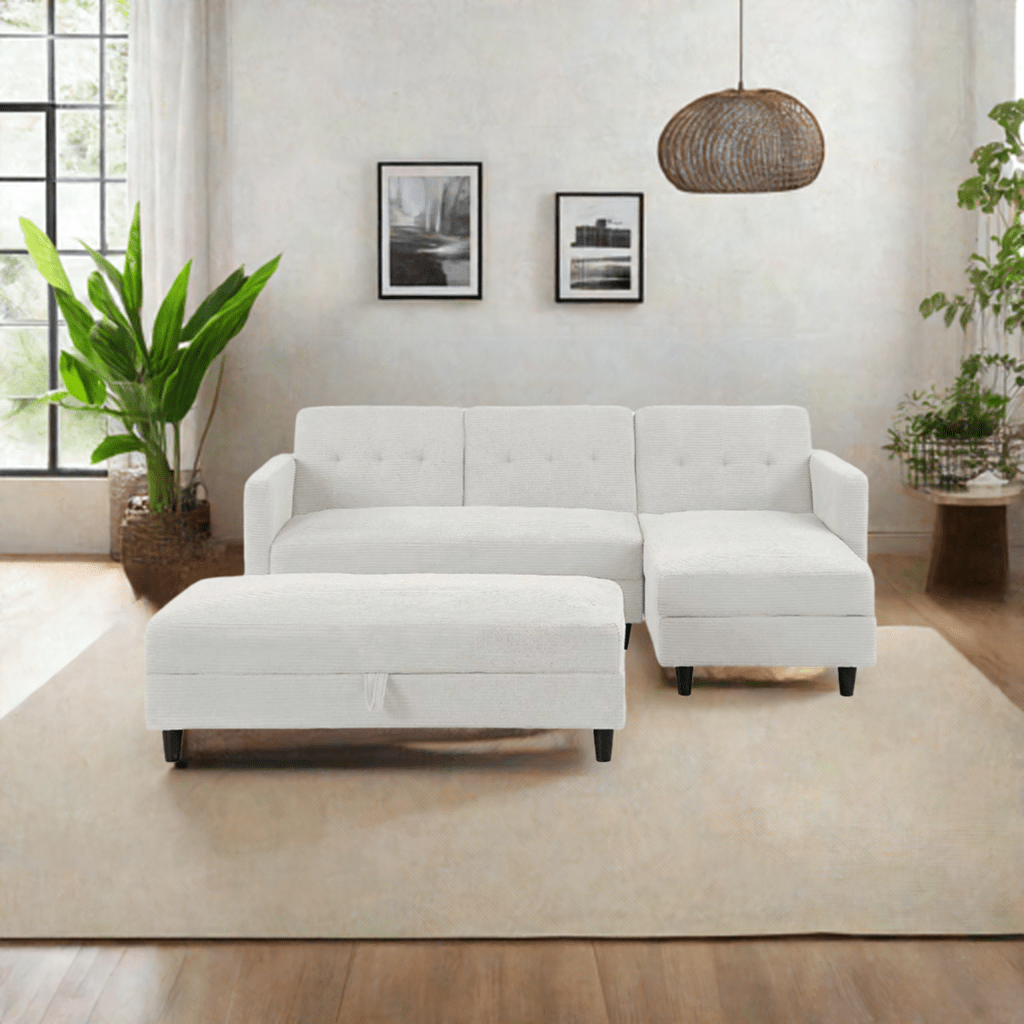 Avery Canapé d'angle réversible en velours côtelé blanc avec chaise de rangement et banc ottoman