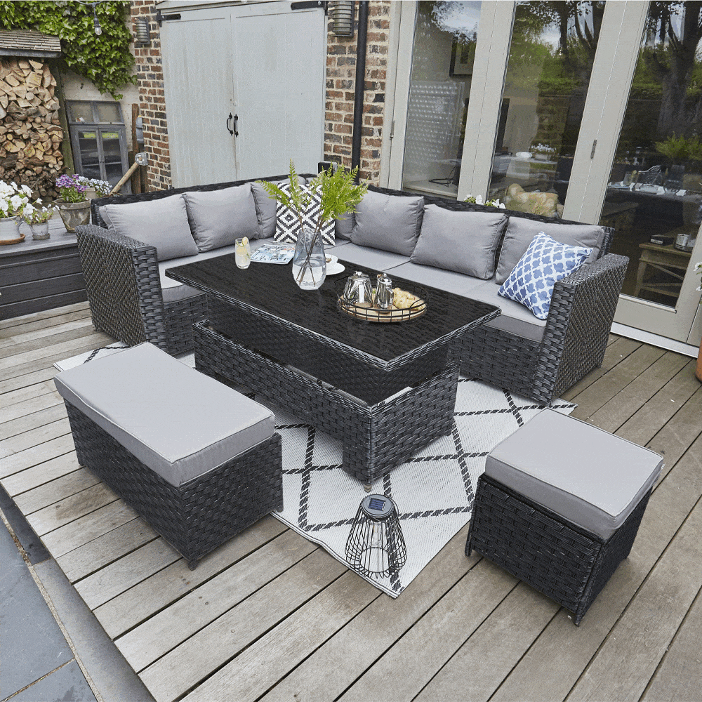 Barcelona 9 Seater Rattan Garden Dining Set with Rising Table In Black (Salle à manger de jardin en rotin 9 places avec table montante)