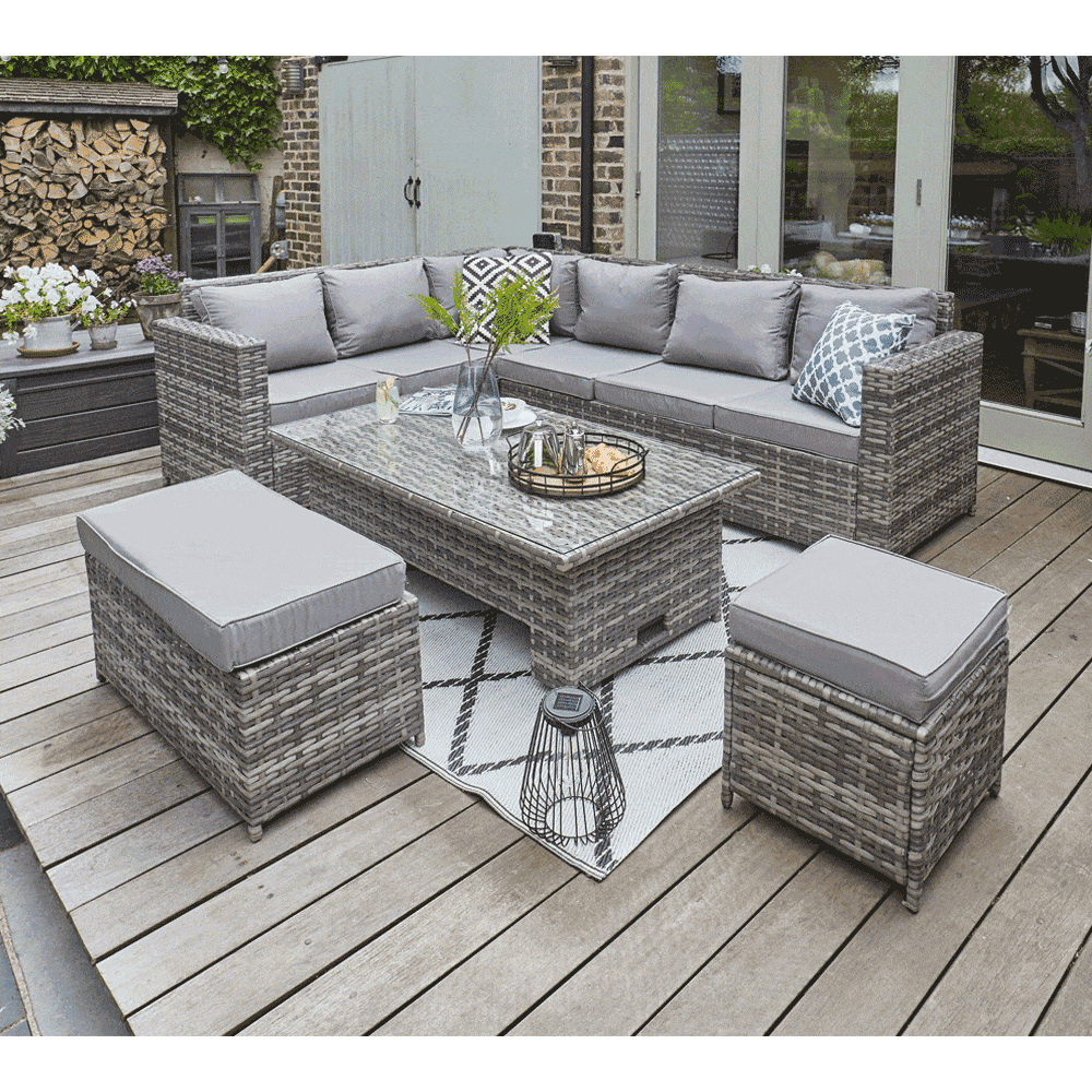 Barcelona 9 Seater Rattan Garden Dining Set with Rising Table In Grey (Ensemble de salle à manger de jardin en rotin 9 places avec table montante)