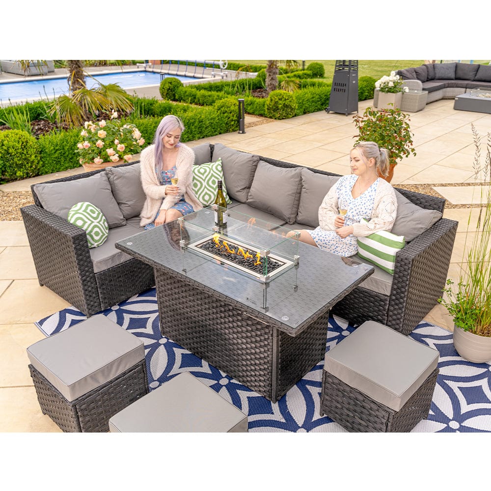 Barcelona Rattan Garden Furniture 9 Seater Corner Sofa Set with Fire pit Dining Table in Black Or Grey