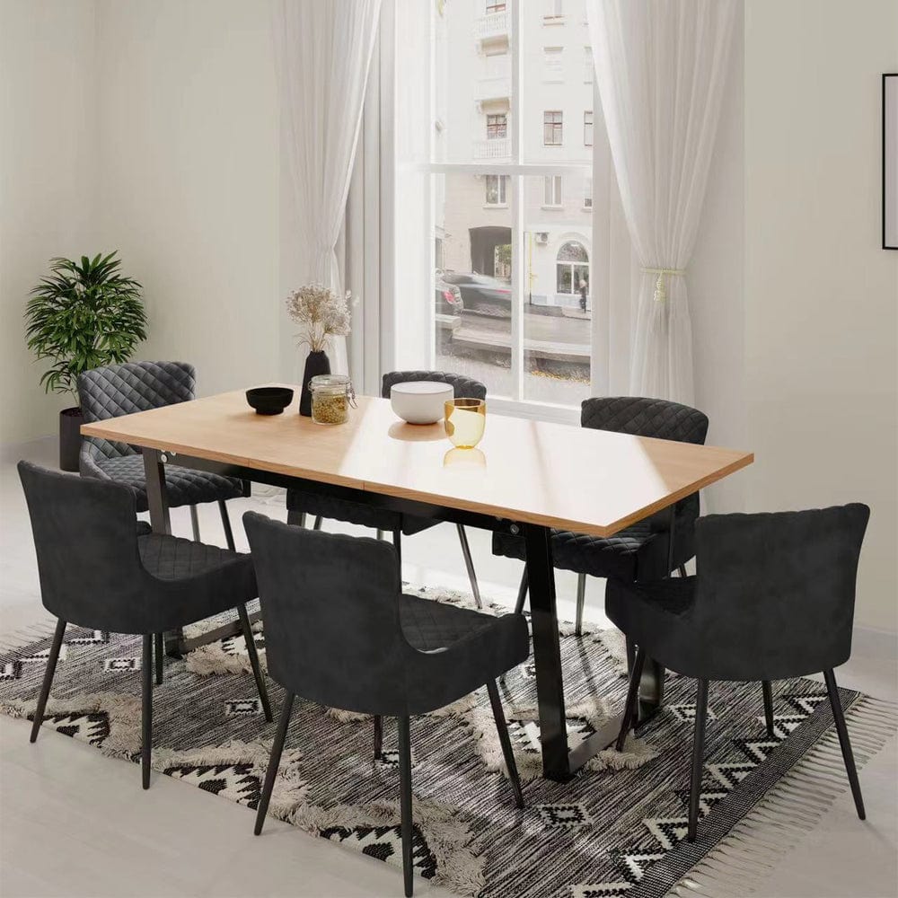 Belluno Table à manger à rallonge en chêne clair avec 6 chaises en velours