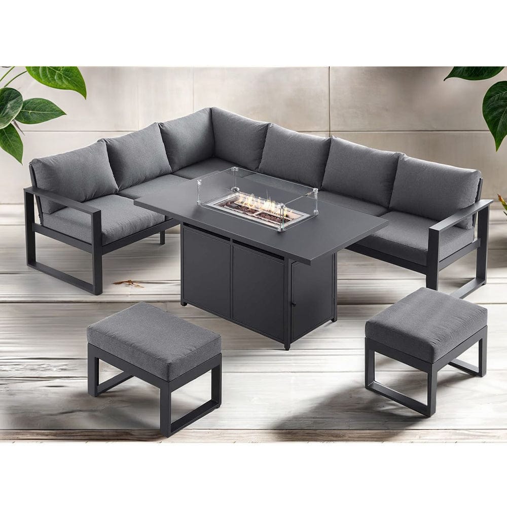 Berlin 8-Seater Outdoor Aluminum Corner Dining Set With Fire Pit Table (Ensemble de salle à manger d'angle en aluminium avec table de foyer)
