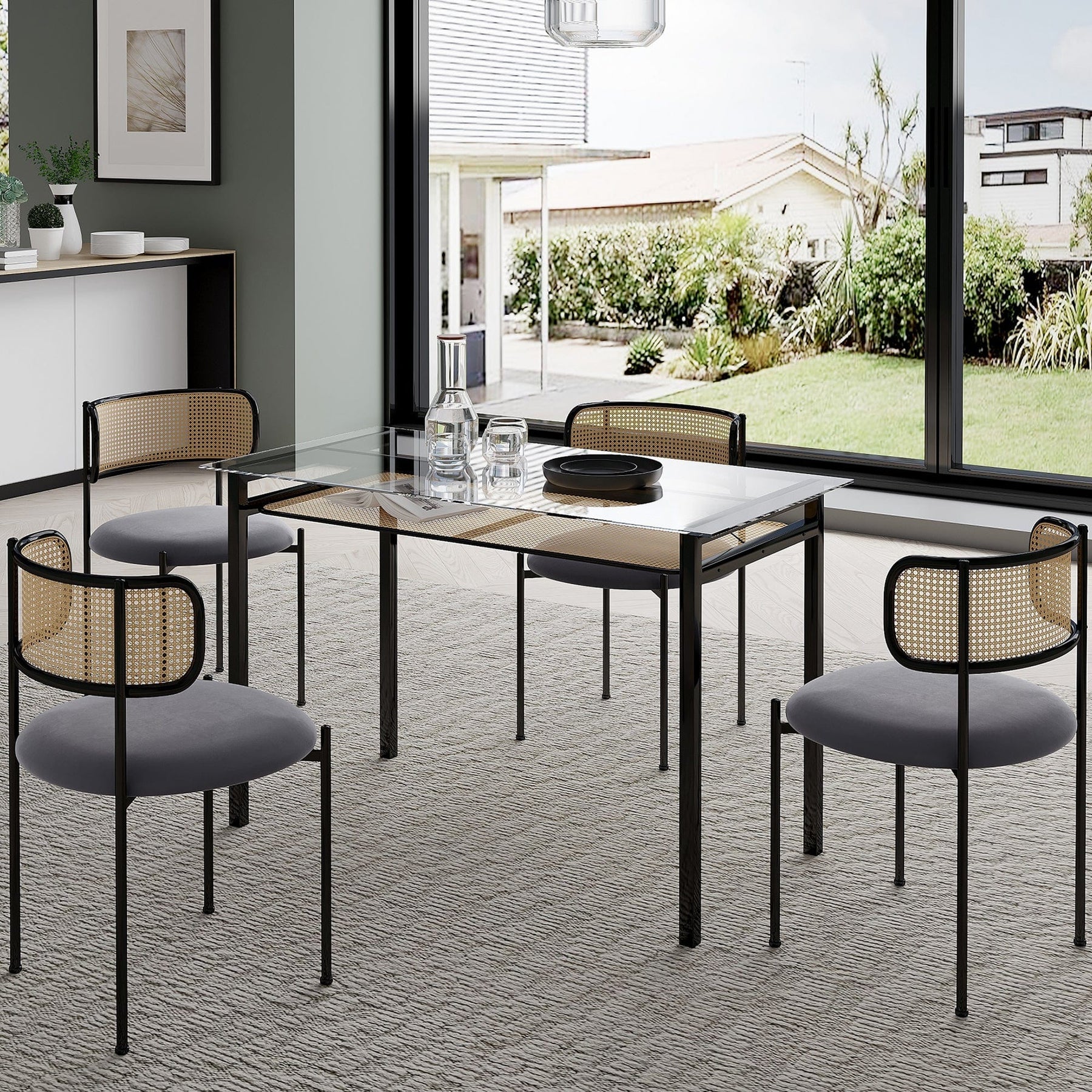 Table de salle à manger en rotin avec chaises et banc Boho 120CM à plateau en verre