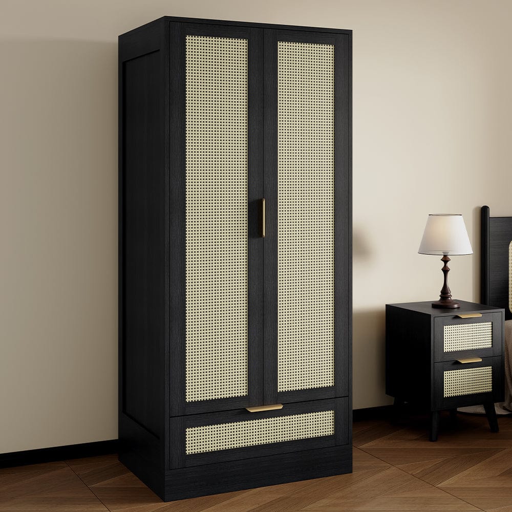 Armoire Boho 2 portes 1 tiroir en rotin décoré