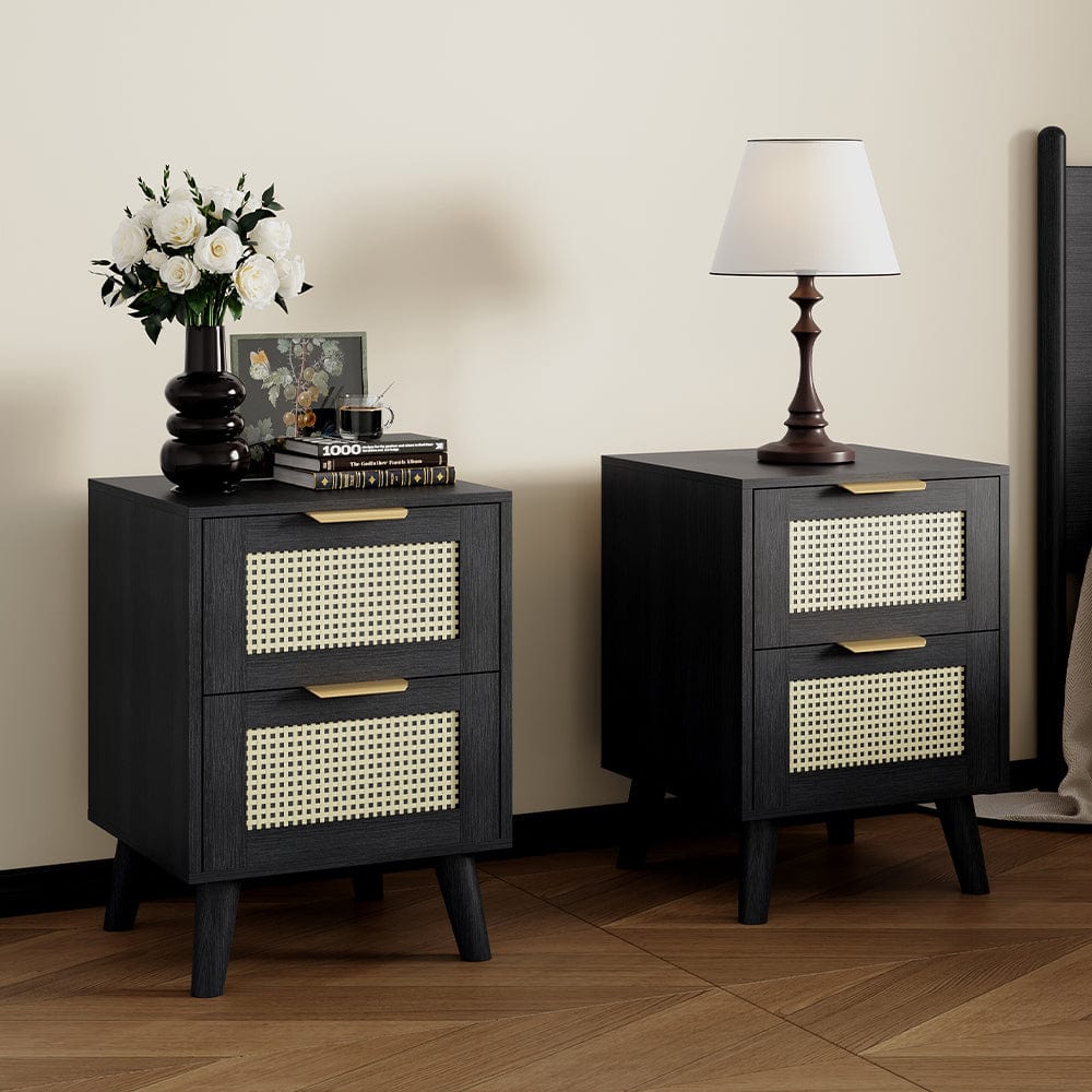 Meuble de chevet Boho 2 tiroirs décorés en rotin