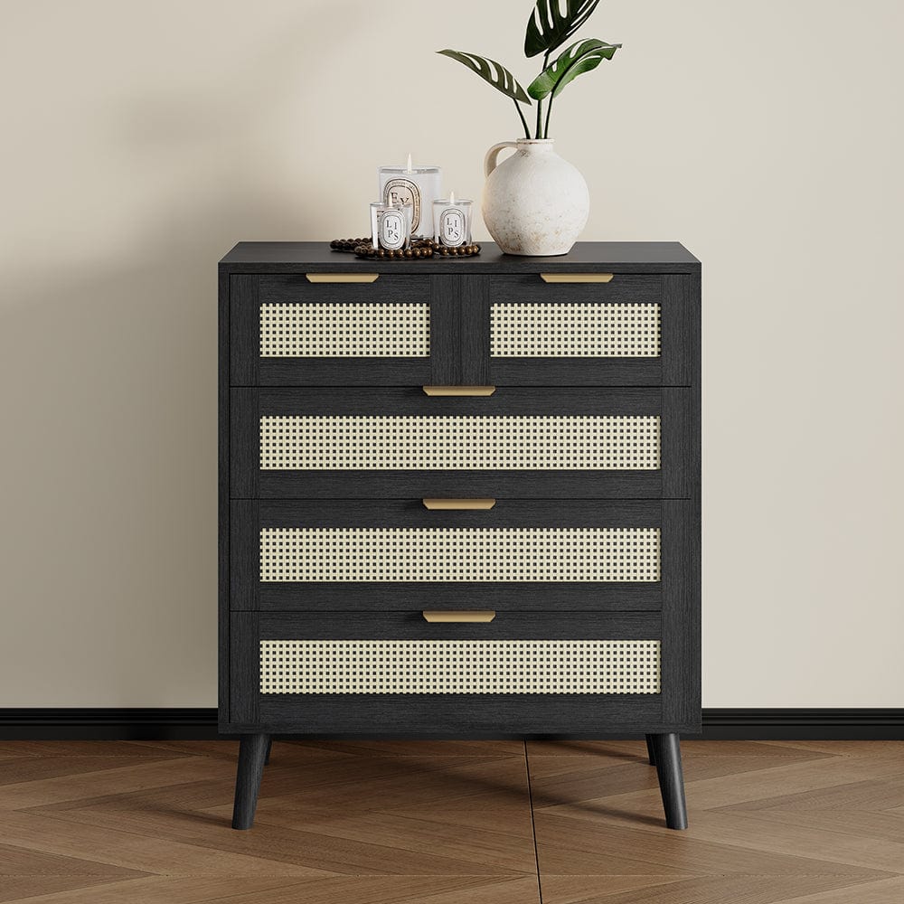Coffre 3+2 tiroirs Boho Meuble de rangement décoré en rotin