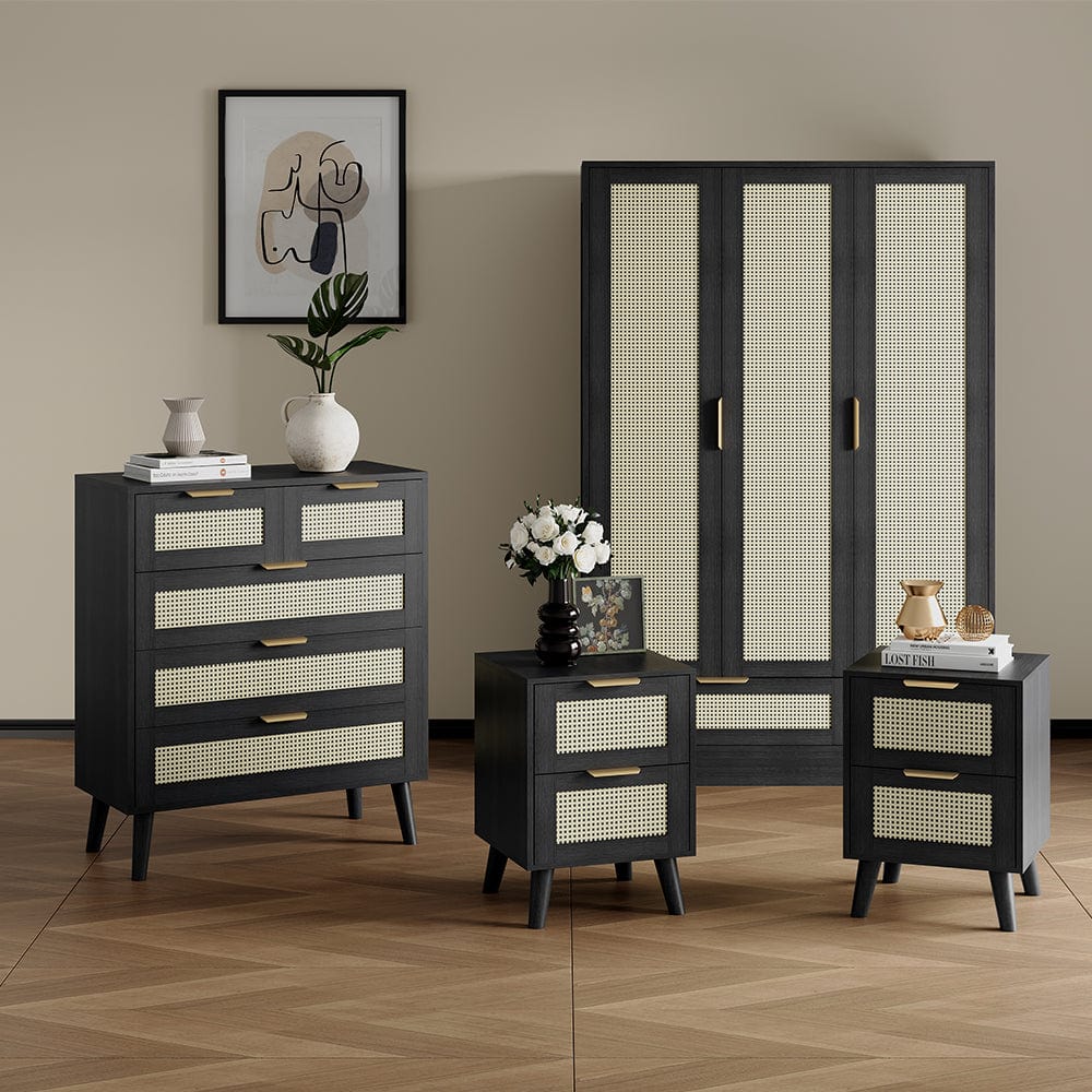 Ensemble de chambre à coucher Boho 4 pièces en rotin avec armoire et placard