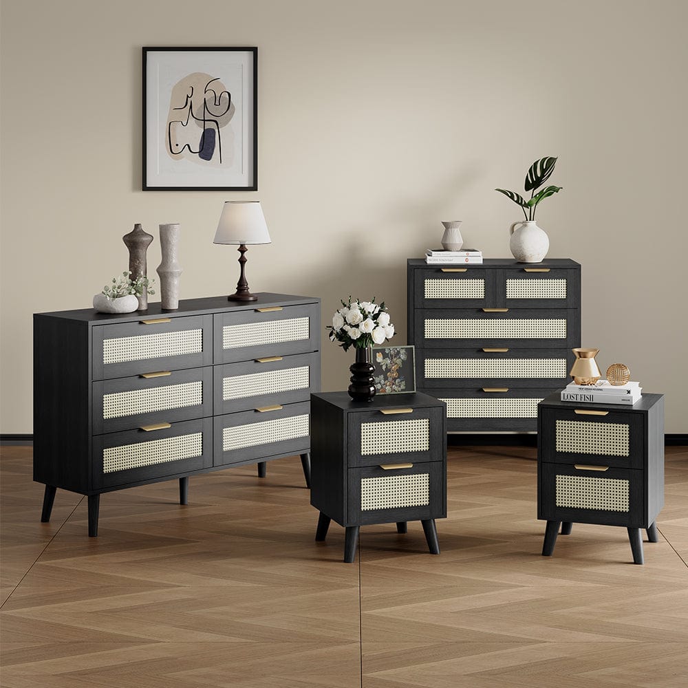 Ensemble de chambre à coucher Boho 4 pièces en rotin avec coffre et chevet