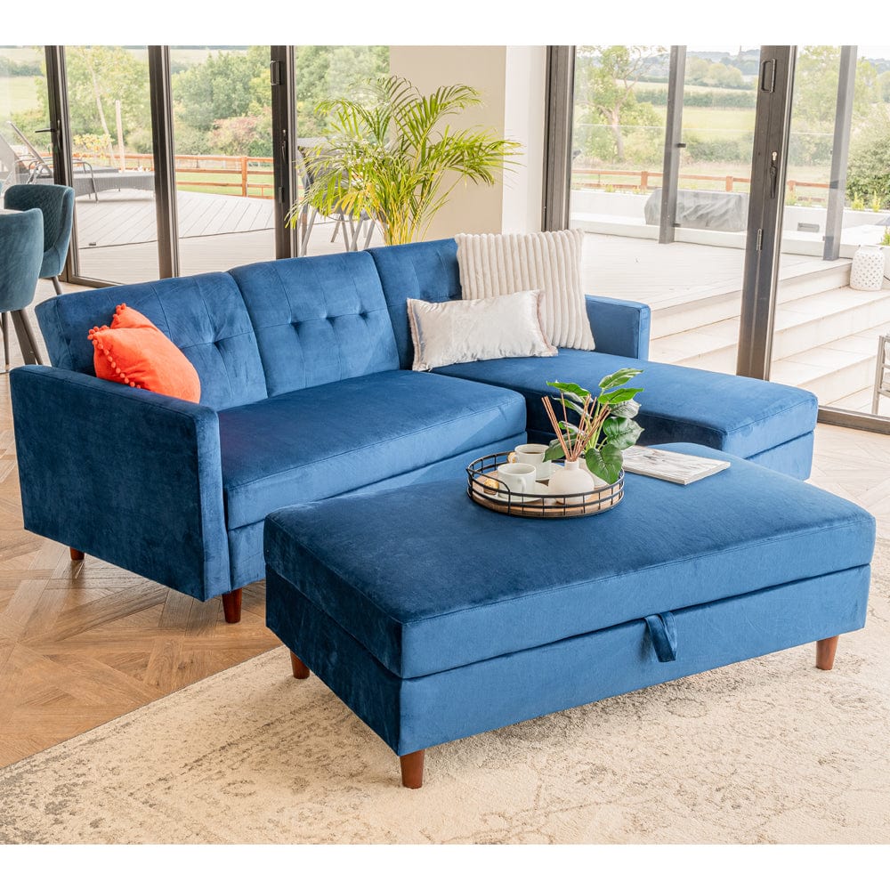 Canapé d'angle réversible bleu Destin avec chaise de rangement et banc ottoman