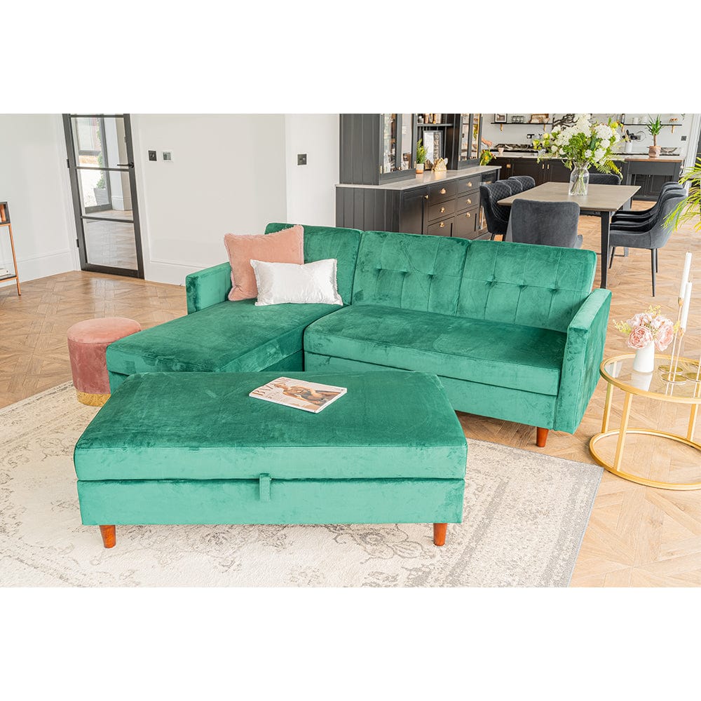 Destin Canapé d'angle réversible en velours vert avec chaise de rangement et banc ottoman