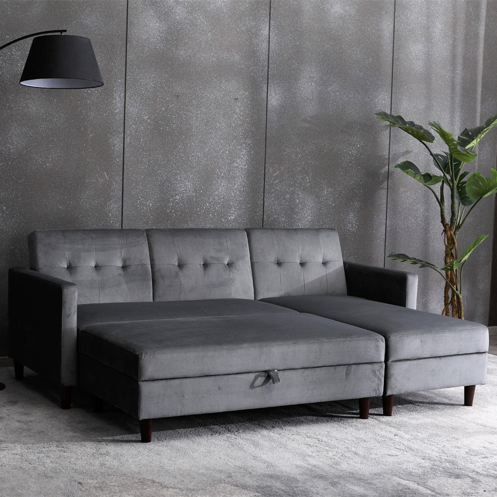 Destin Canapé d'angle réversible en velours gris avec chaise de rangement et banc ottoman