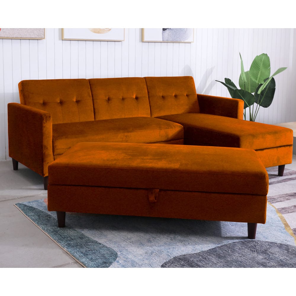 Destin Canapé d'angle réversible en velours orange avec chaise de rangement et banc ottoman