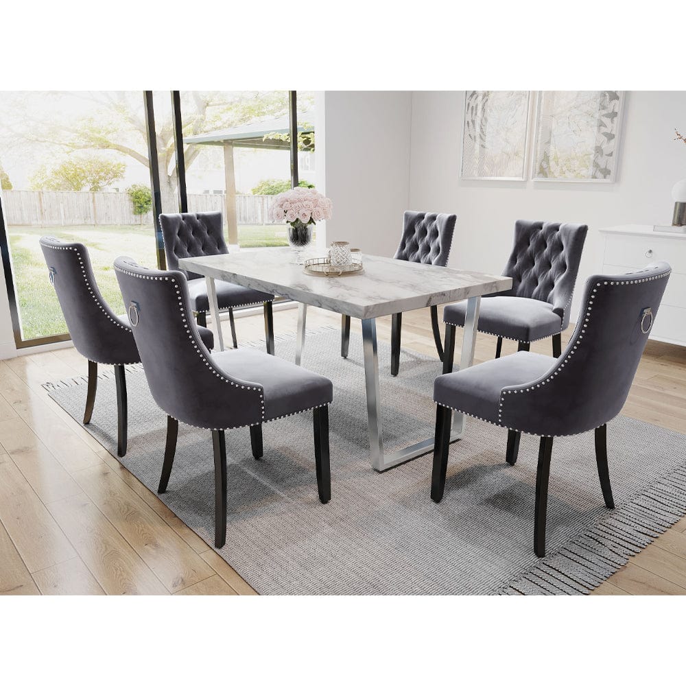 Ensemble table à manger rectangulaire Etta avec 6 chaises en velours