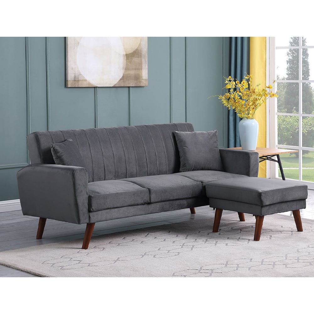 Canapé-lit en velours gris avec ottoman