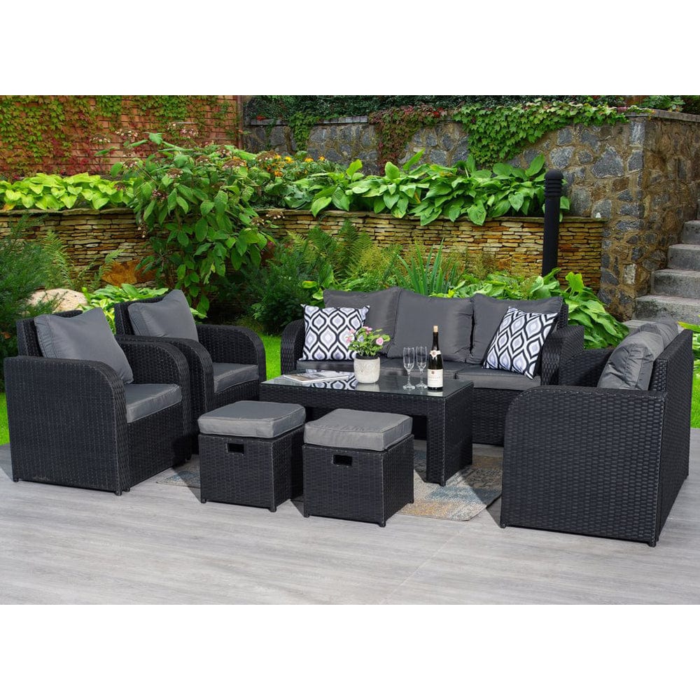 Lotus 9 Seater Rattan Garden Furniture Recliner Cube Sofa Set With Fire Pit Option In Black