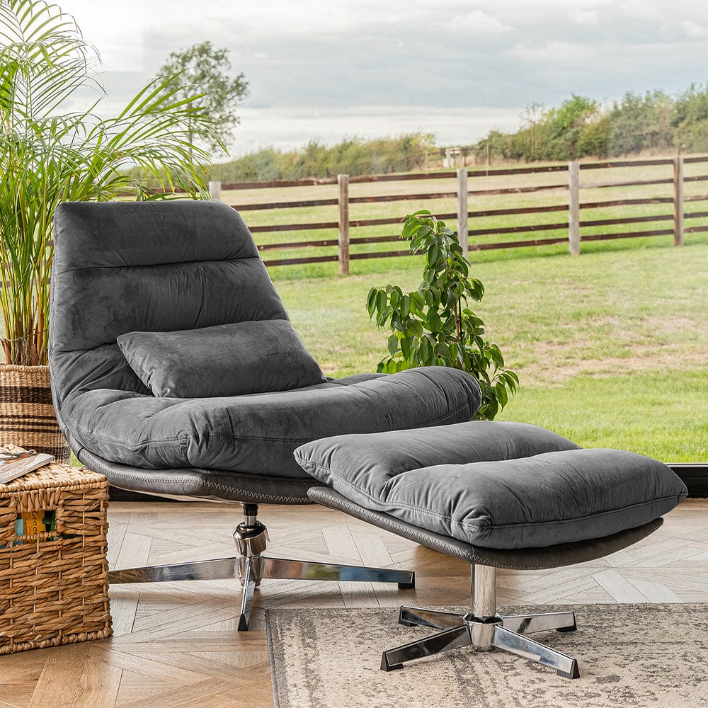 Chaise pivotante Manu avec pouf et coussin en gris