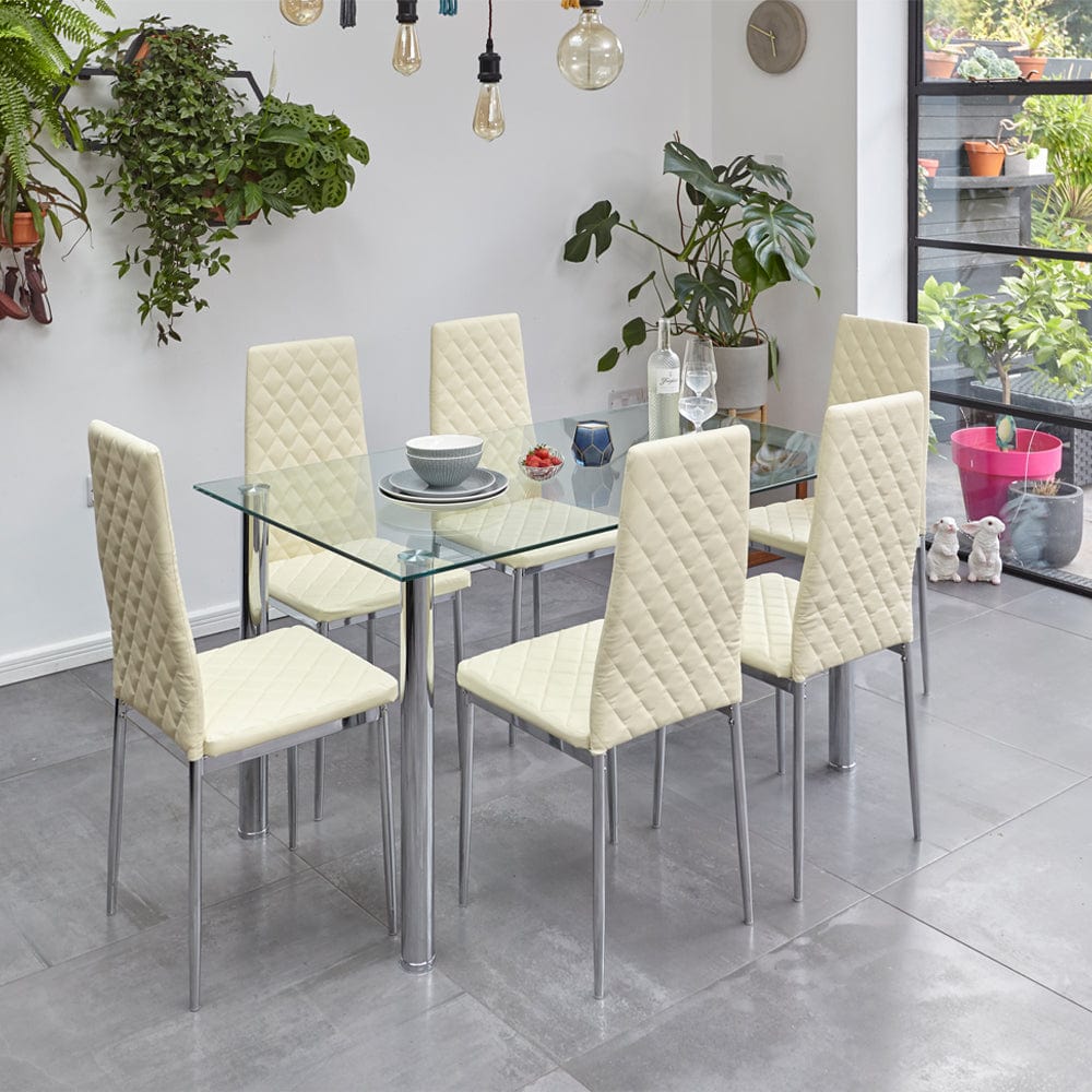 Orsa Dining Table en verre trempé avec 6 chaises en crème