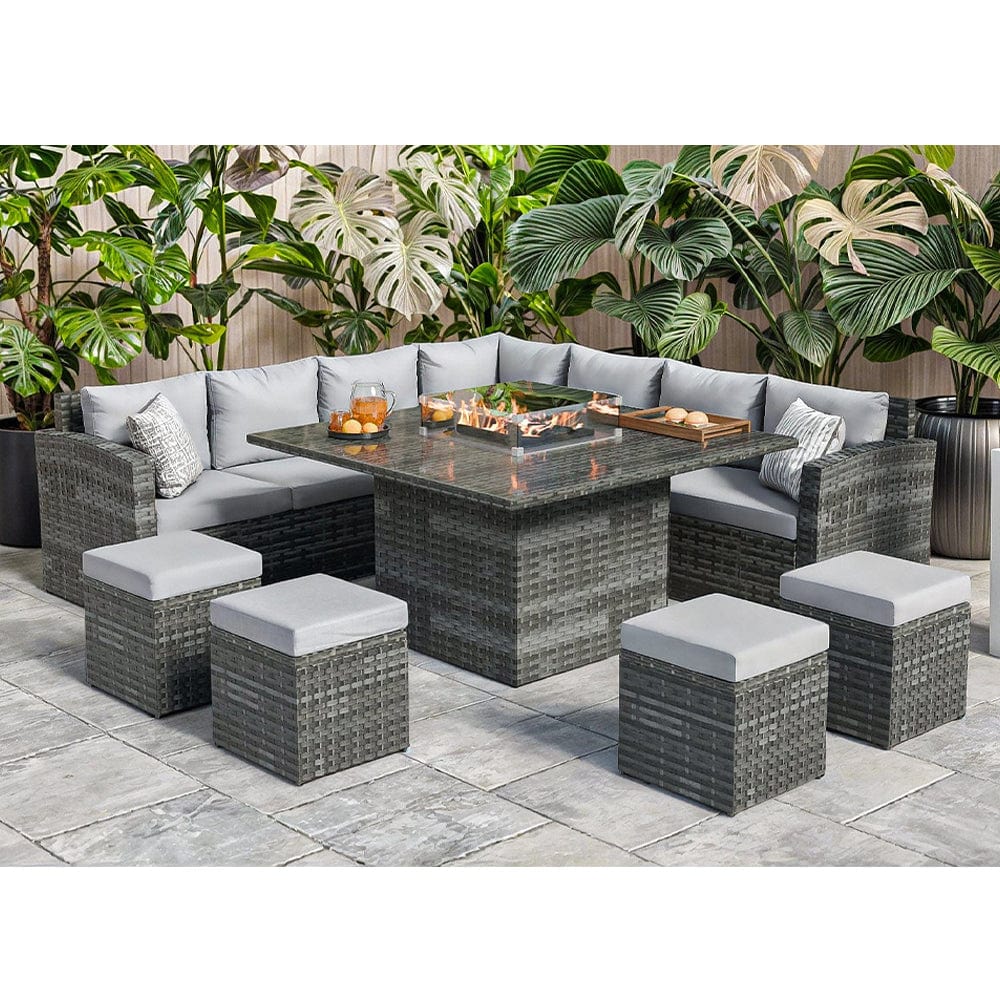 Rosen 11 Seater Rattan Garden Furniture Corner Dining Sofa Set With Fire Pit Table In Grey