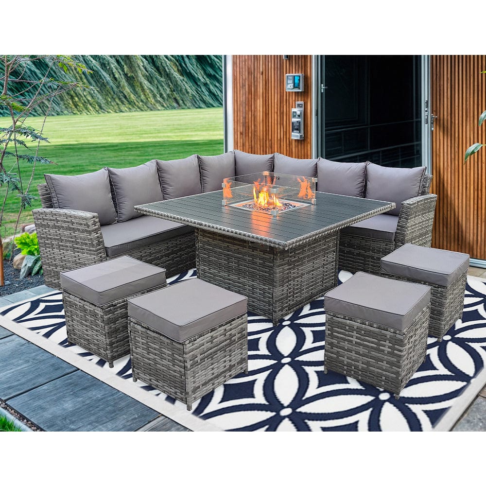 Rosen 11 Seater Rattan Garden Furniture Corner Sofa Cube Set With Aluminum Fire-Pit Table