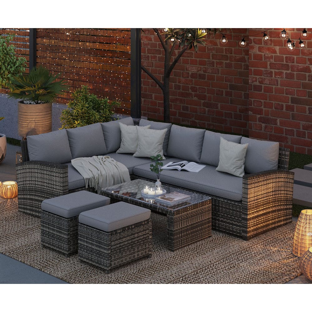 Rosen 8 Seater Grey Corner Rattan Garden Furniture Sofa Sets with Coffee Table (Canapé d'angle en rotin gris avec table basse)