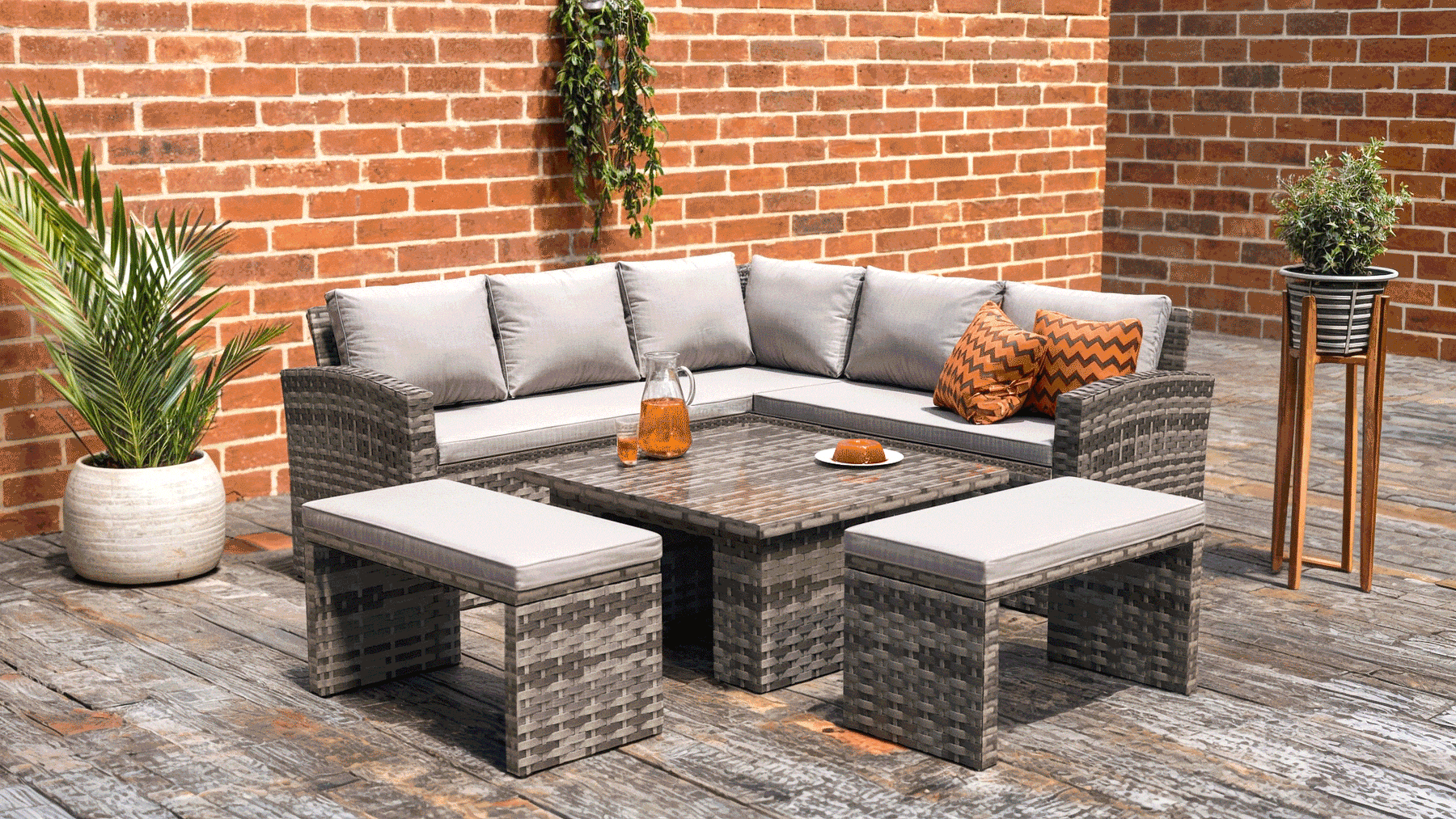 Rosen Canapé d'angle en rotin 9 places avec table montante en gris avec option housse de pluie