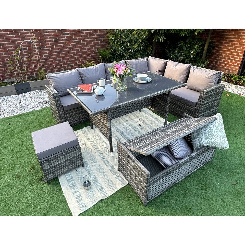 Rosen 9 Seater Rattan Garden Dining Set With Storage Bench In Grey (Salle à manger en rotin 9 places avec banc de rangement)