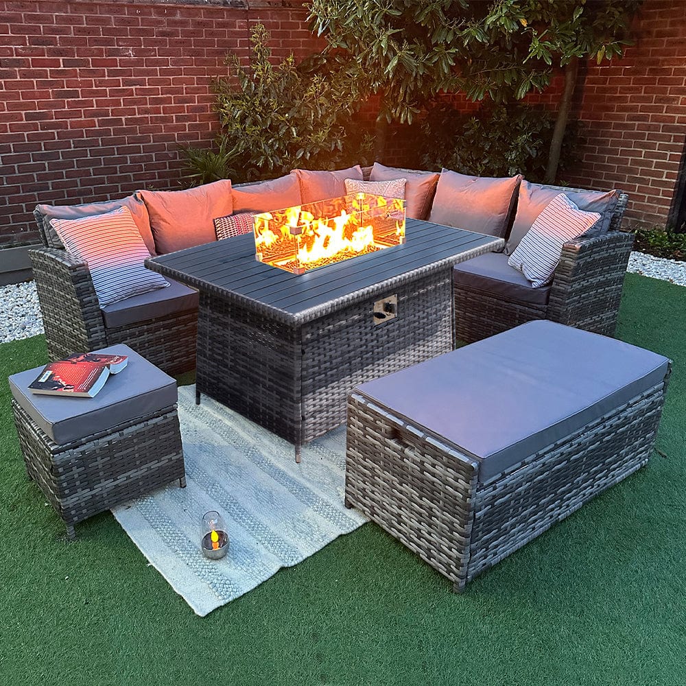 Rosen 9 Seater Rattan Garden Furniture Corner Sofa Set with Fire pit Dining Table and Storage Box in Grey