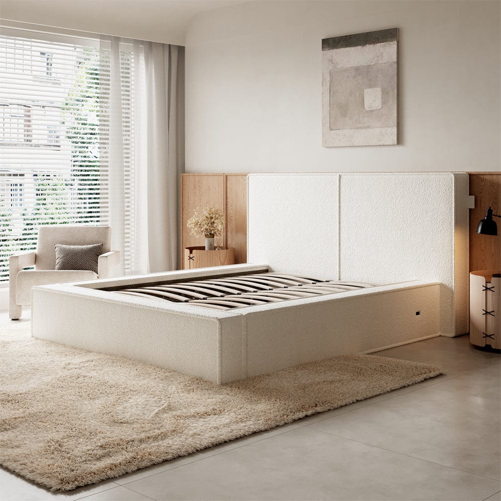 Tessa White Boucle Pneumatic Bed King Bed Double Bed Frame With USB charger