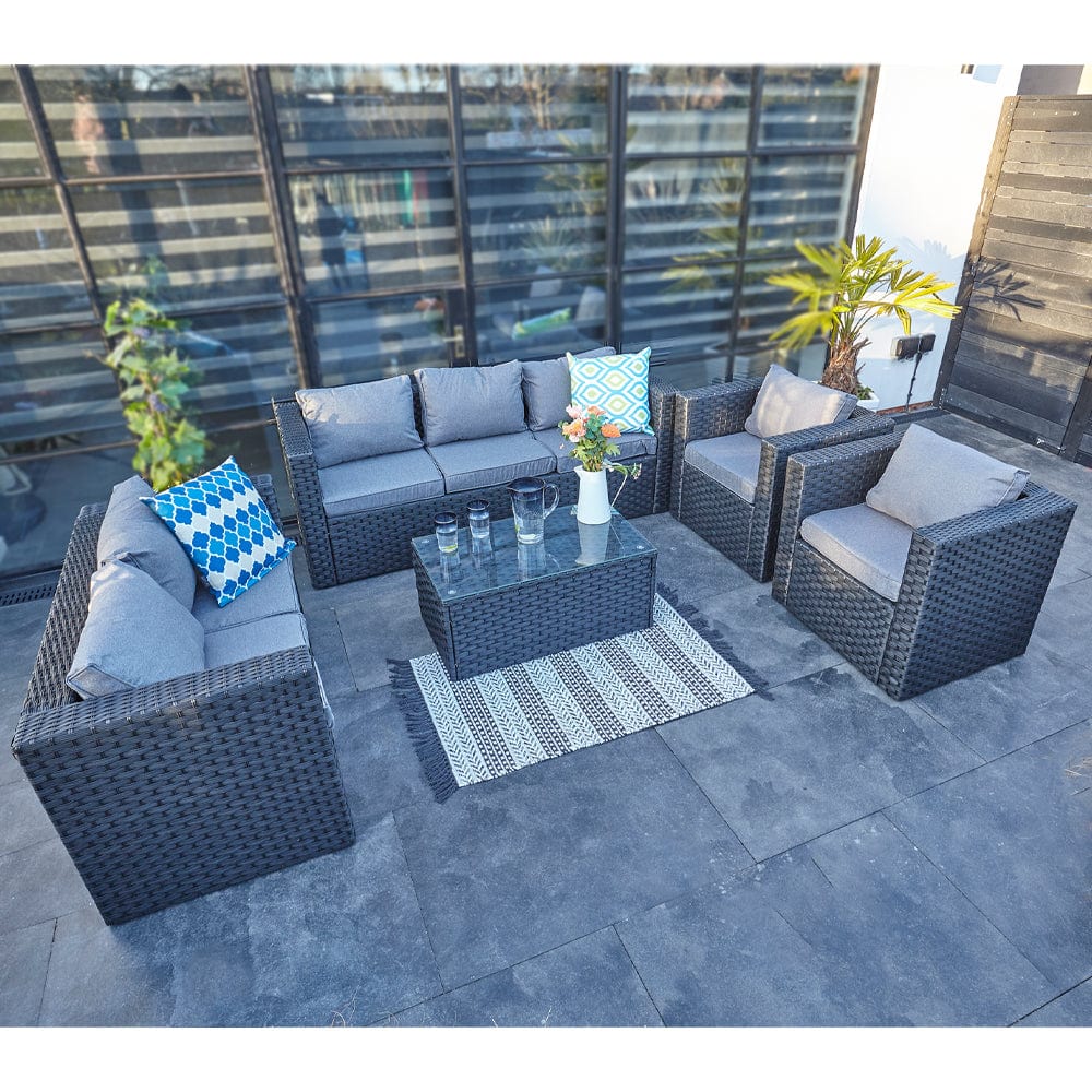 Vancouver 7 Seater Rattan Garden Sofa Set In Black (Canapé de jardin en rotin 7 places)